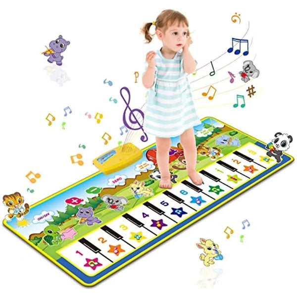 Kids Touch Play Piano Music Mat with cartoon animals for crawling and musical carpet keyboard play.