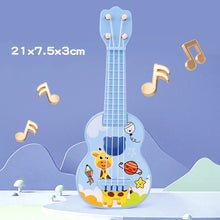 Kids Beginner Ukulele Toy Guitar decorated with cartoon characters and musical notes for learning play.