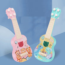 Kids Beginner Ukulele Toy Guitar shown as a pair with cartoon designs for sibling music play.