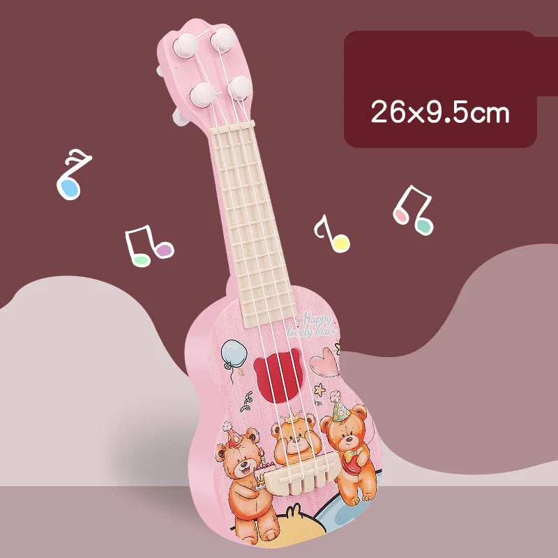 Kids Beginner Ukulele Toy Guitar in pink with a teddy bear design displayed for gifting young learners.