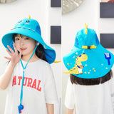 Child wearing a blue dinosaur hat with a front view and back view showing the design.