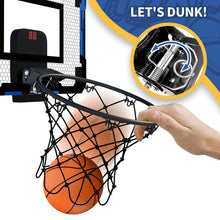 Kids folding wall basketball hoop shown mid-dunk for indoor basketball play.