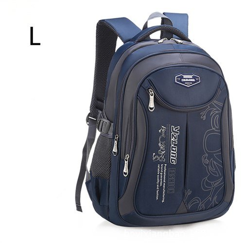 Blue and gray backpack with visible branding.