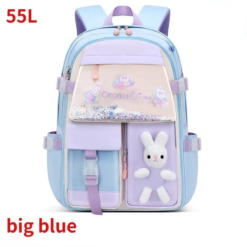 Blue and purple backpack with a bunny design