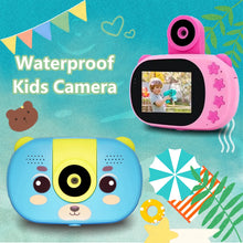 Blue bear-face camera and pink camera with a rotating lens on a beach-themed background