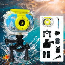 Blue and yellow camera in a clear case on a handlebar mount with accessories, second view