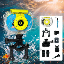 Blue and yellow camera in a clear case on a handlebar mount with the included accessories laid out