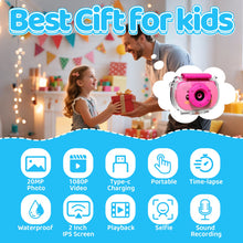 Father giving a girl a pink camera as a gift, with icons for photo, video, Type-C charging, time-lapse and more