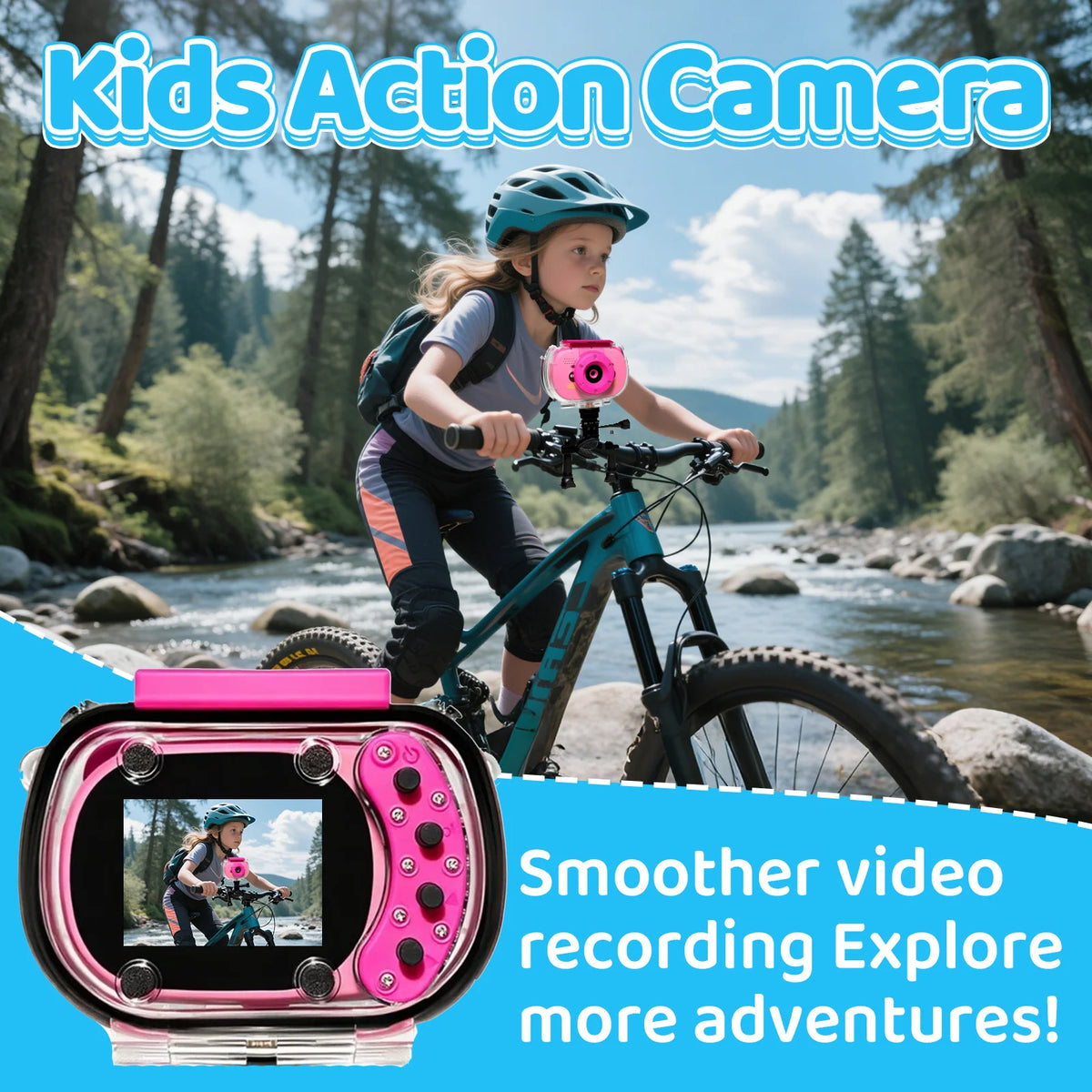 Girl riding a mountain bike by a stream with a pink camera mounted on the handlebar