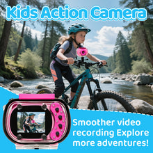 Girl riding a mountain bike by a stream with a pink camera mounted on the handlebar
