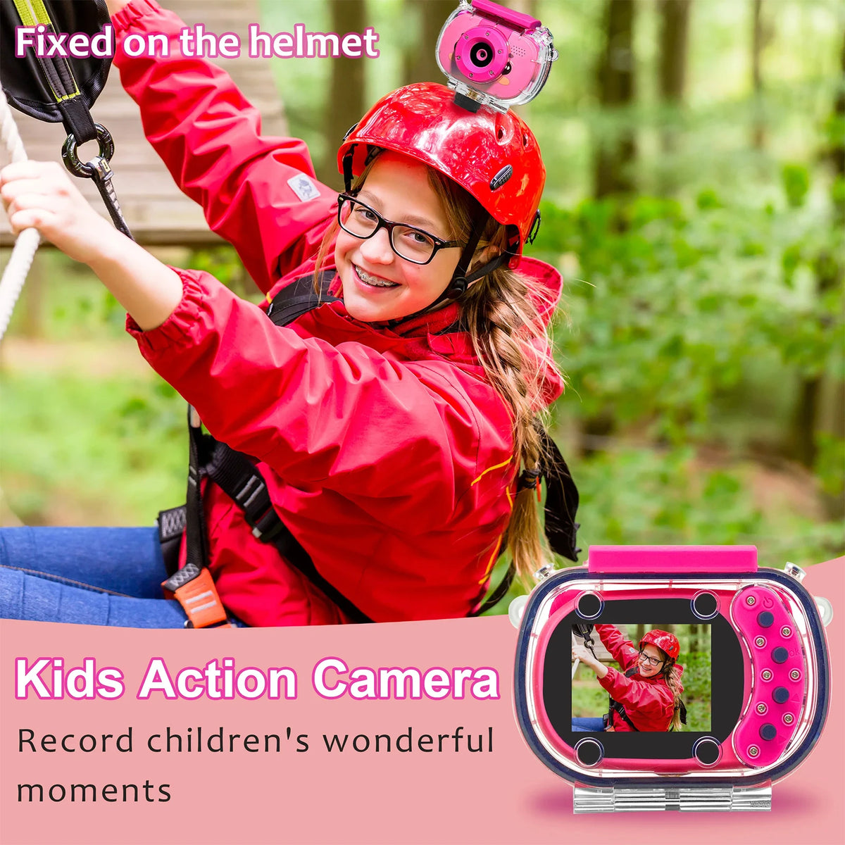 Girl in a red helmet on a zipline with a pink camera on her helmet and a camera screen in the corner