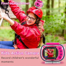 Girl in a red helmet on a zipline with a pink camera on her helmet and a camera screen in the corner