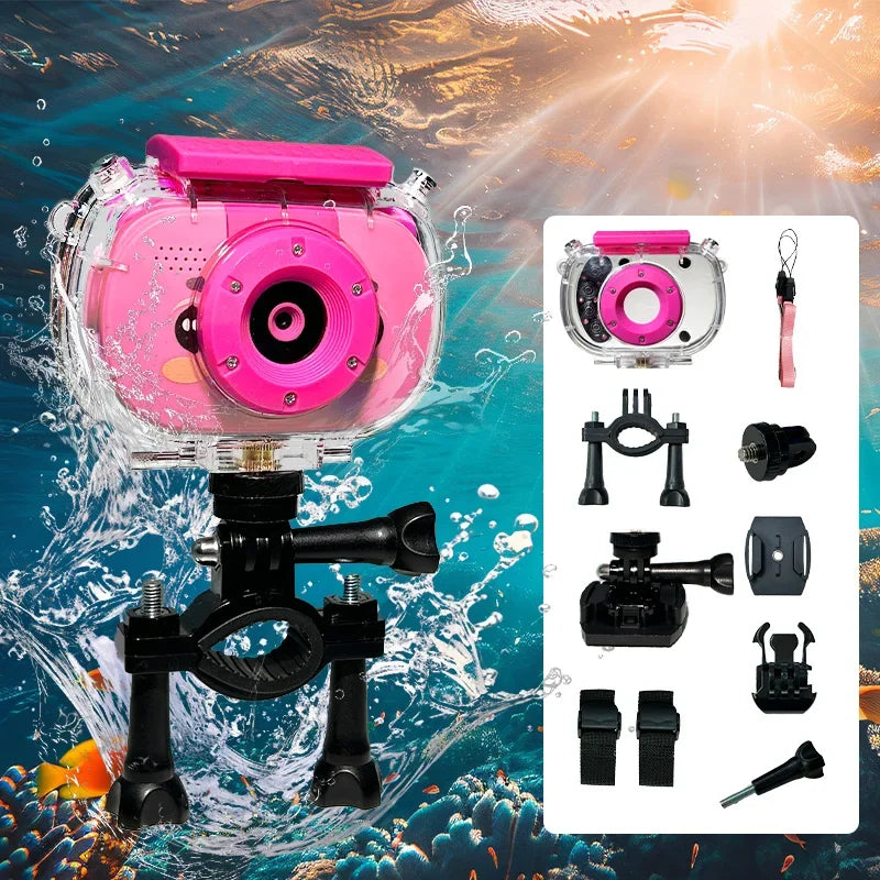 Pink camera in a clear case on a handlebar mount with strap and mount accessories laid out