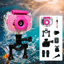 Pink camera in a clear case on a handlebar mount with strap and mount accessories laid out