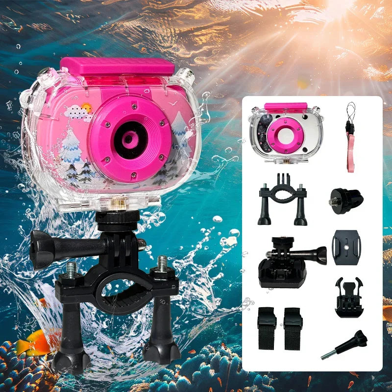 Pink camera in a clear case on a handlebar mount with the included accessories laid out