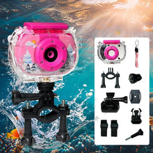 Pink camera in a clear case on a handlebar mount with the included accessories laid out