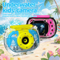 Blue and yellow camera in a clear waterproof case with a pink camera behind it, with a note about underwater use to 3 meters