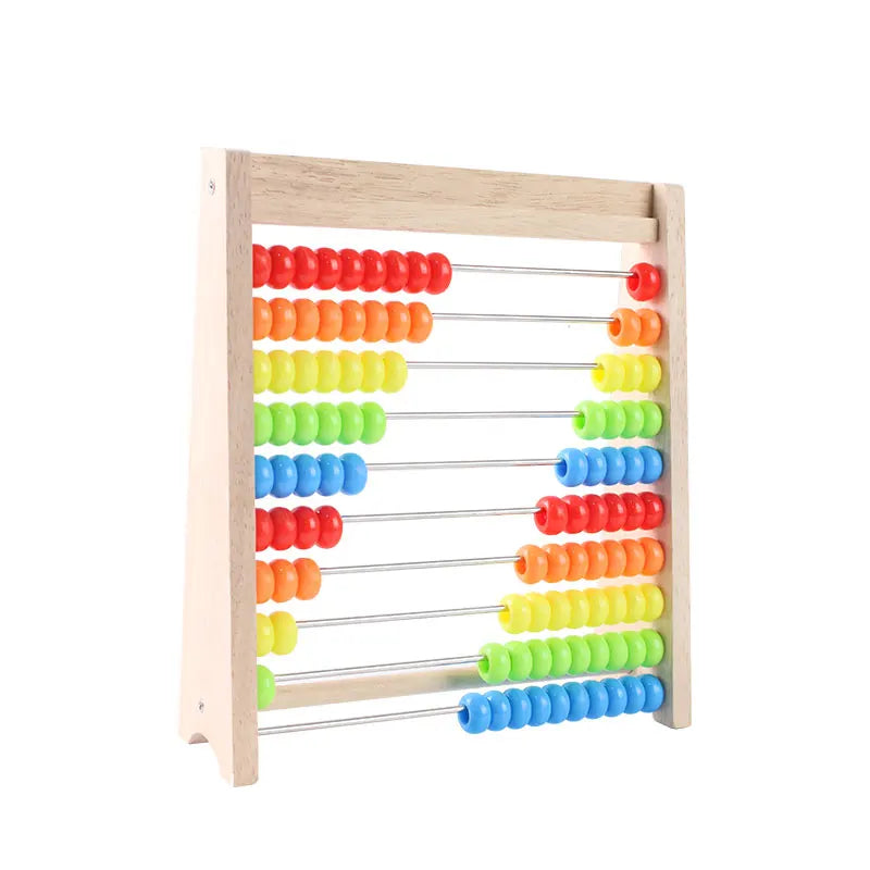 Kids wooden counting abacus toy with a rainbow bead frame for playful number learning.