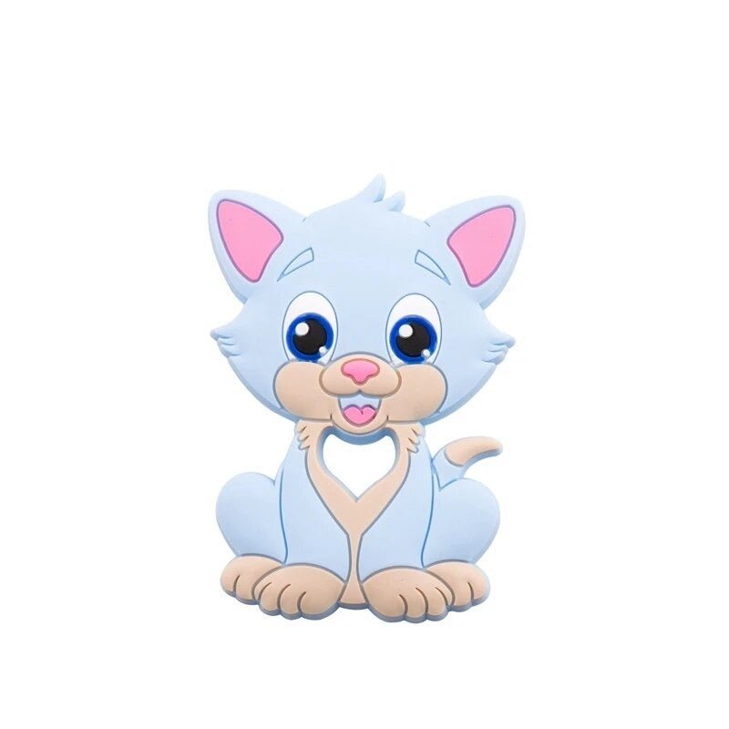 Kitten Silicone Teether in candy blue pastel design for baby-safe teething comfort and play.