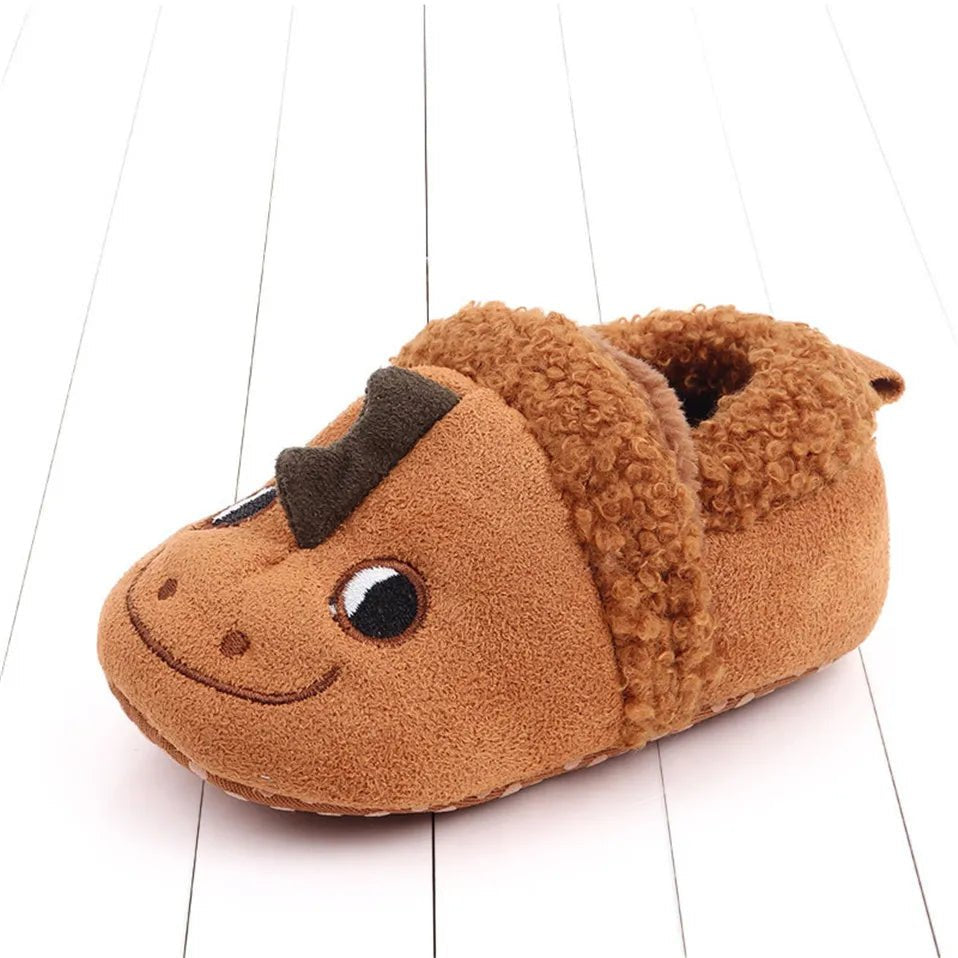 Side angle of Knit Baby Slippers prewalker pair, warm crib shoes for cooler evenings at home.