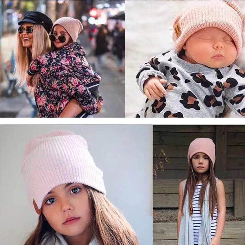 Knitted baby beanie worn by a baby and toddler for everyday winter dressing, pram walks, and park visits.