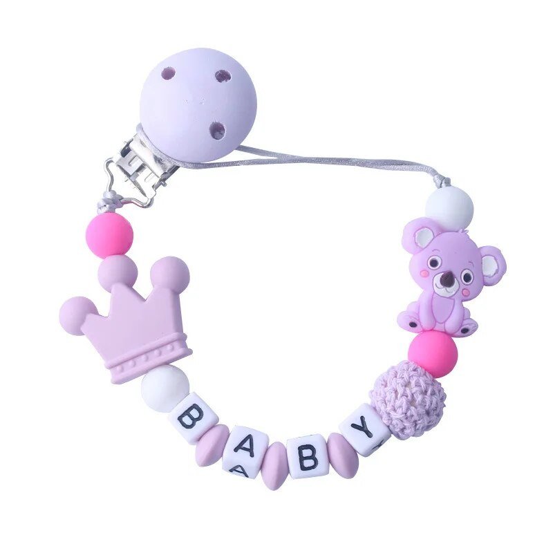 Koala Silicone Pacifier Chain teething toy in purple and pink for baby gum relief.