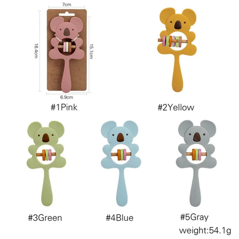 Koala Teether Handbell Rattle in soft food-grade silicone for safe mouthing and daily teething relief.