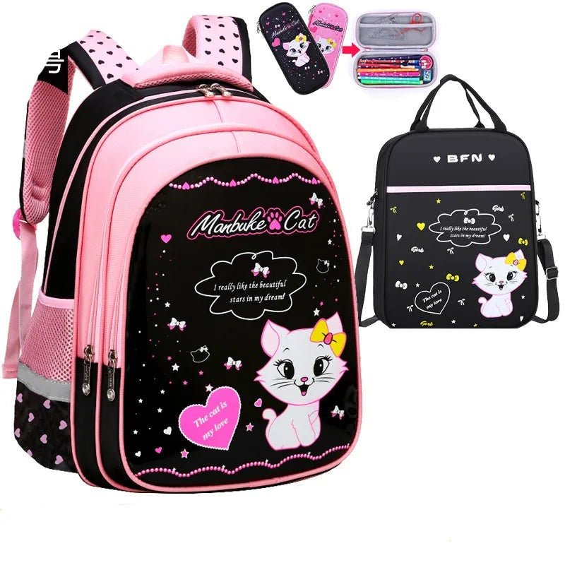 Pink and black backpack with cartoon cat design, including a pencil case and small pouches.