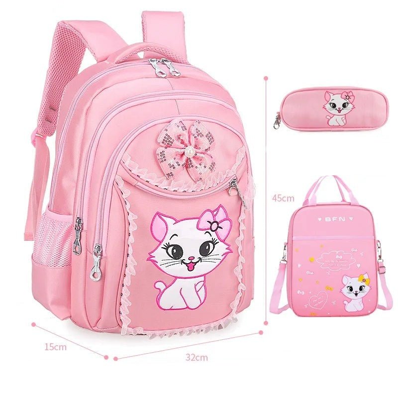 Pink backpack with cat design and matching pencil case.