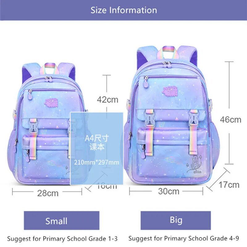 Korean-Style Girls Elementary Backpack waterproof purple design shown with size chart for choosing the right fit.