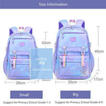 Korean-Style Girls Elementary Backpack waterproof purple design shown with size chart for choosing the right fit.