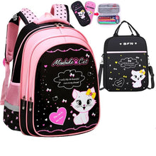 Pink and black backpack with cartoon cat design, accompanied by stationery items. (option 2)