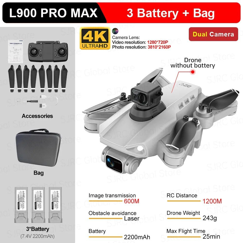L900 Pro Max GPS Drone full kit with batteries and carry bag for outdoor flying trips.