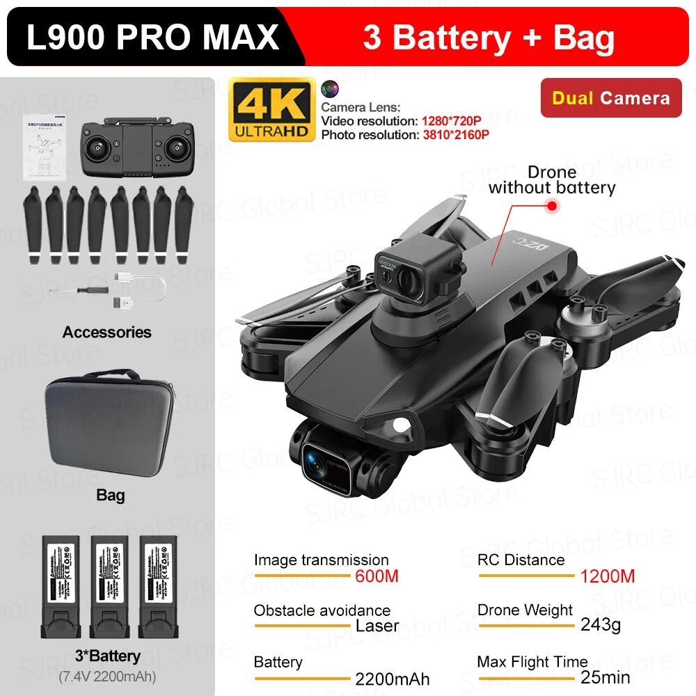 L900 Pro Max GPS Drone kit with batteries and bag shown from a seventh angle.