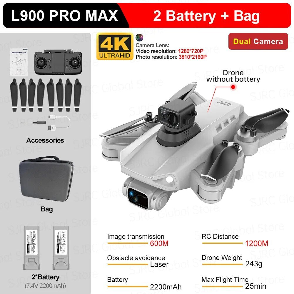 L900 Pro Max GPS Drone kit with battery and bag shown from a fifth angle.