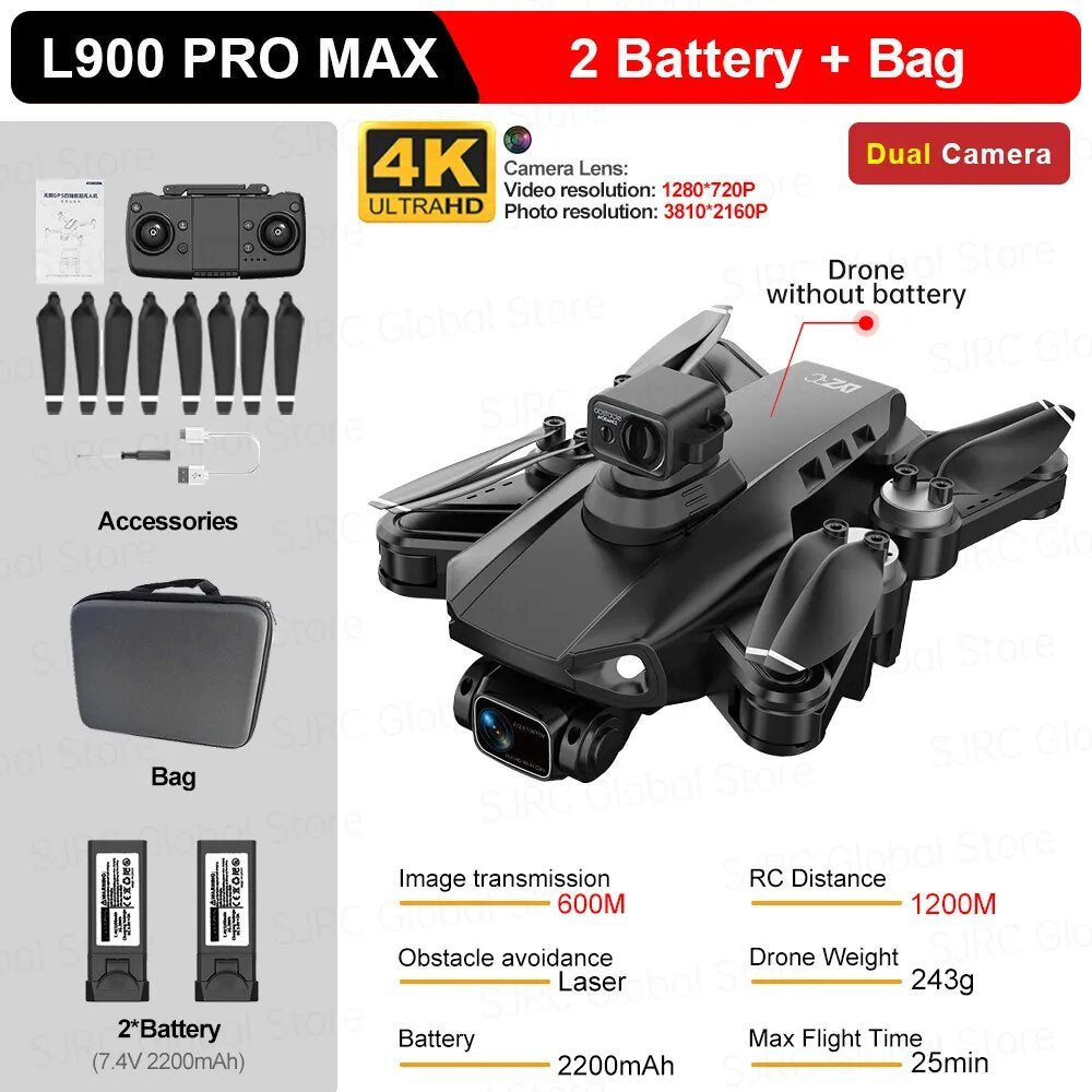 L900 Pro Max GPS Drone kit with battery and bag shown from a sixth angle.