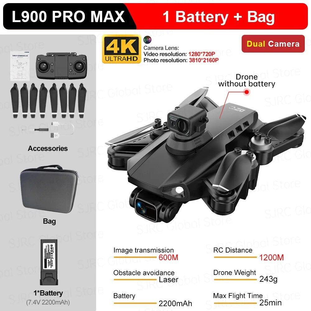 L900 Pro Max GPS Drone kit with battery and bag shown from a third angle.