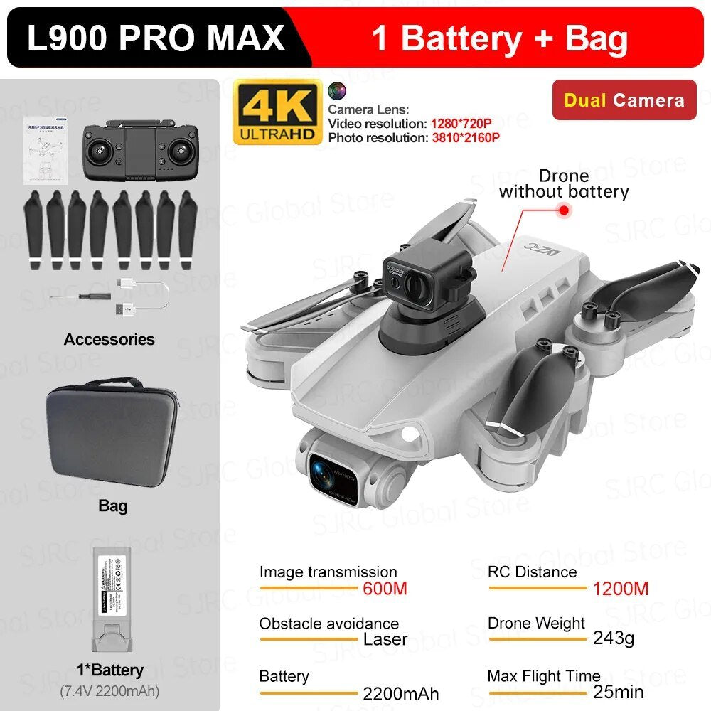 L900 Pro Max GPS Drone kit with battery and bag shown from a second angle.