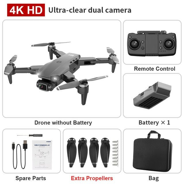 L900 Pro SE 4K GPS Drone bundle highlighting the 4K HD dual camera for detailed aerial photography.