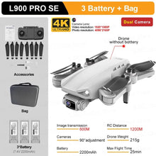 L900 Pro SE GPS Drone kit with batteries and bag on a gray background, third view.