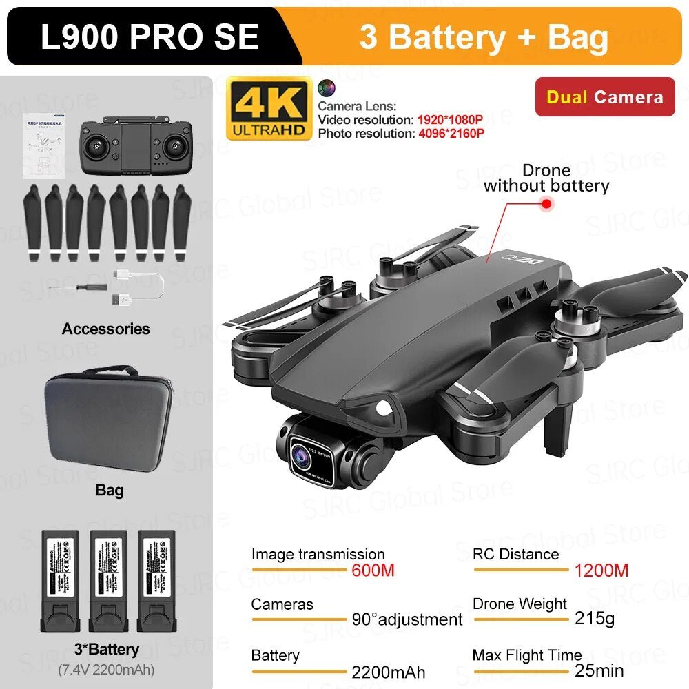 L900 Pro SE GPS Drone kit with batteries and carry bag on a white background.