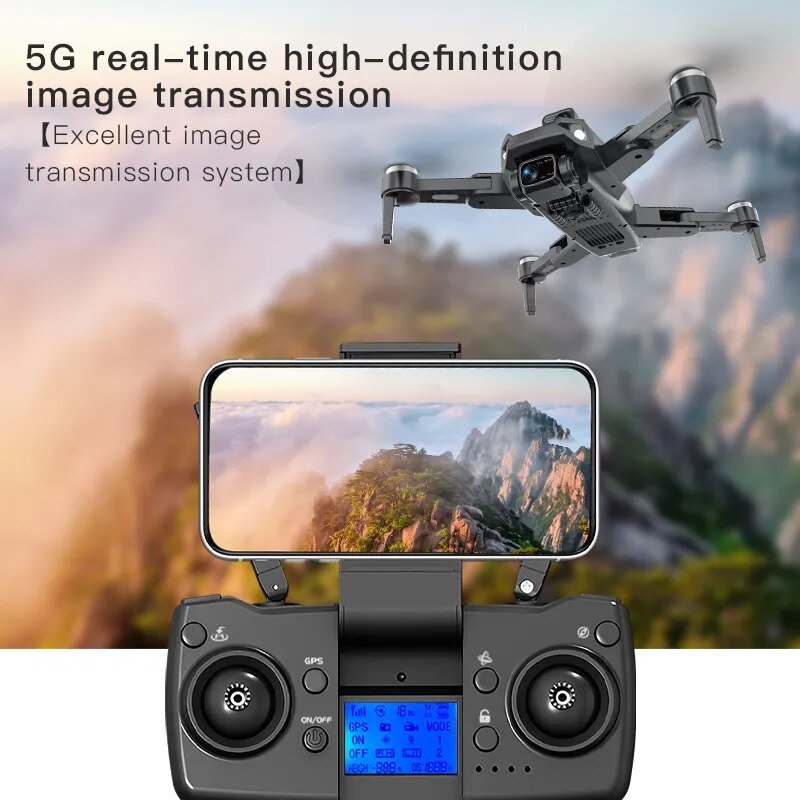 L900 Pro SE Max GPS Drone with 5G real-time image transmission shown on a smartphone app during flight.