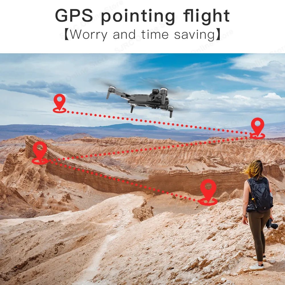 L900 Pro SE Max GPS Drone flying over a desert landscape with a GPS flight path shown.