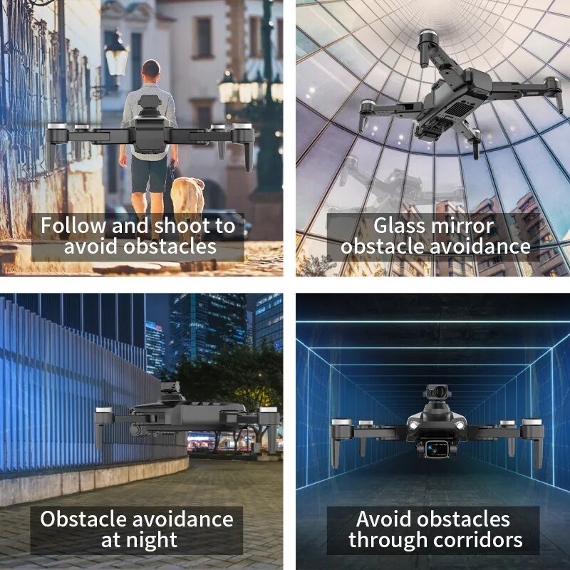 L900 Pro SE Max GPS Drone obstacle avoidance shown across multiple outdoor flying scenarios.