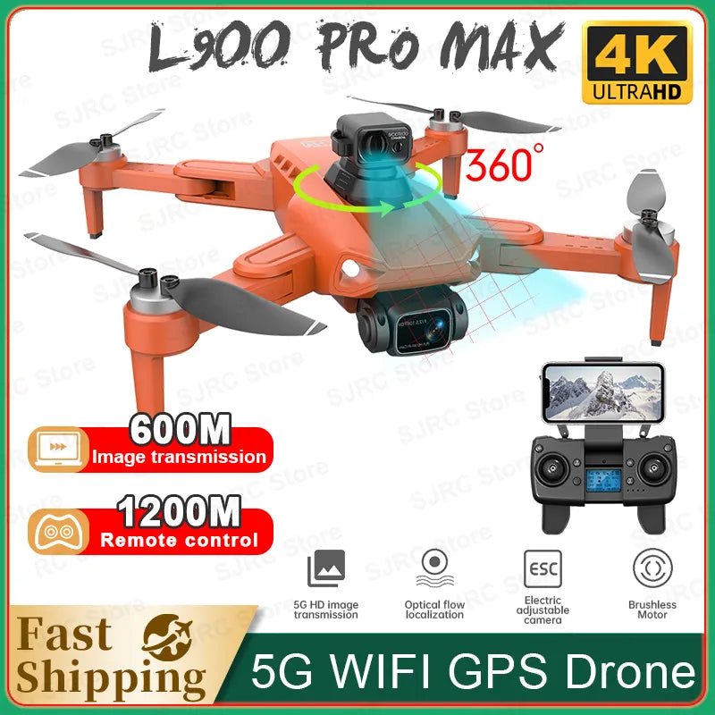 L900 Pro SE Max GPS Drone in orange with key features highlighted for outdoor aerial flying.