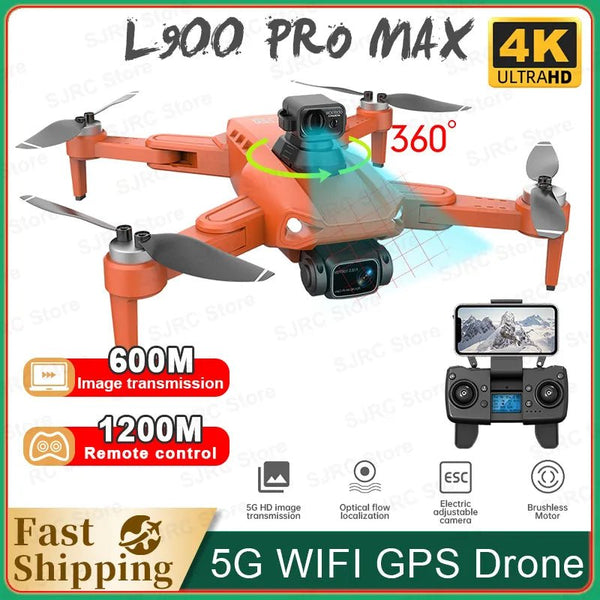 L900 Pro SE Max GPS Drone in orange with key features highlighted for outdoor aerial flying.