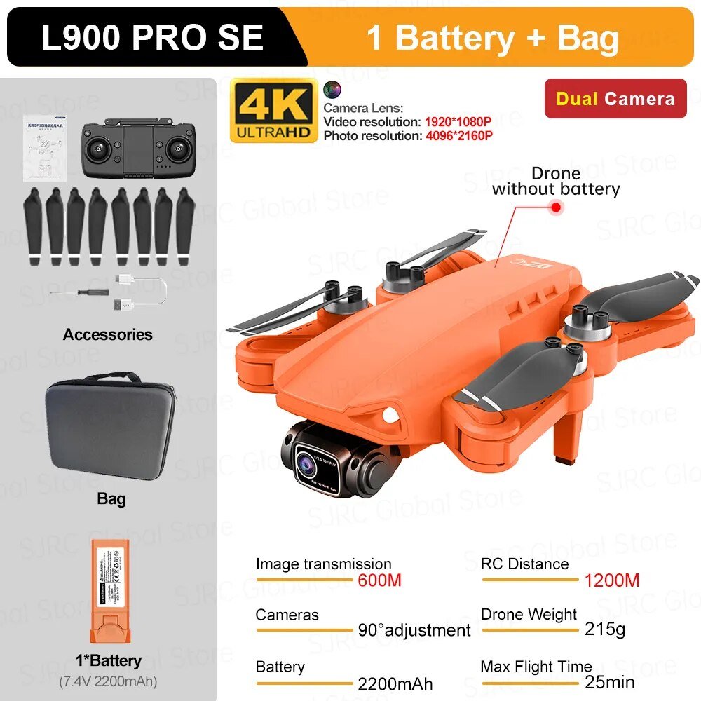 L900 Pro SE Max GPS Drone in orange with specifications and included accessories.