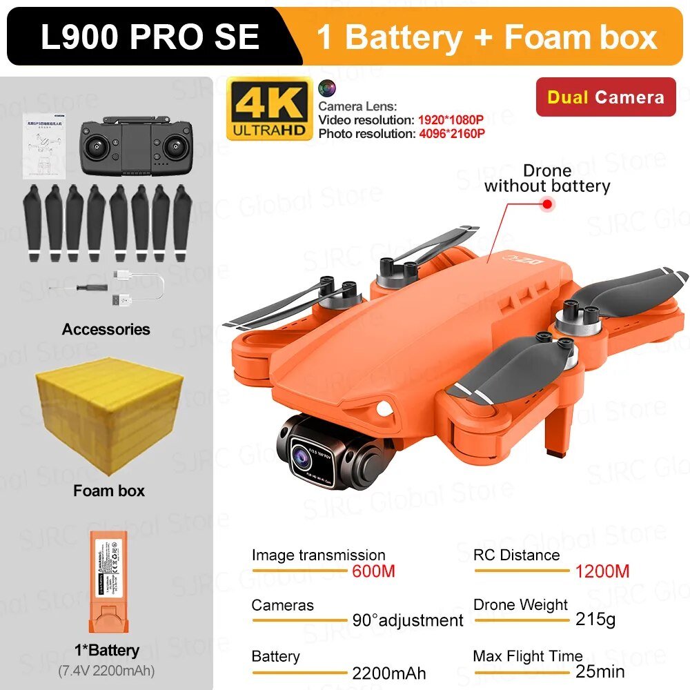 L900 Pro SE Max GPS Drone in orange specifications shown from a second view.