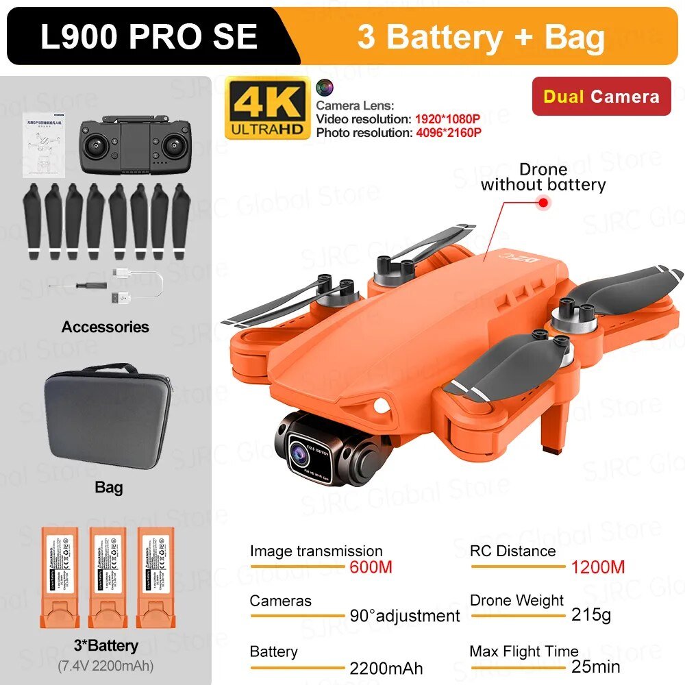 L900 Pro SE Max GPS Drone in orange with batteries and bag, third view.