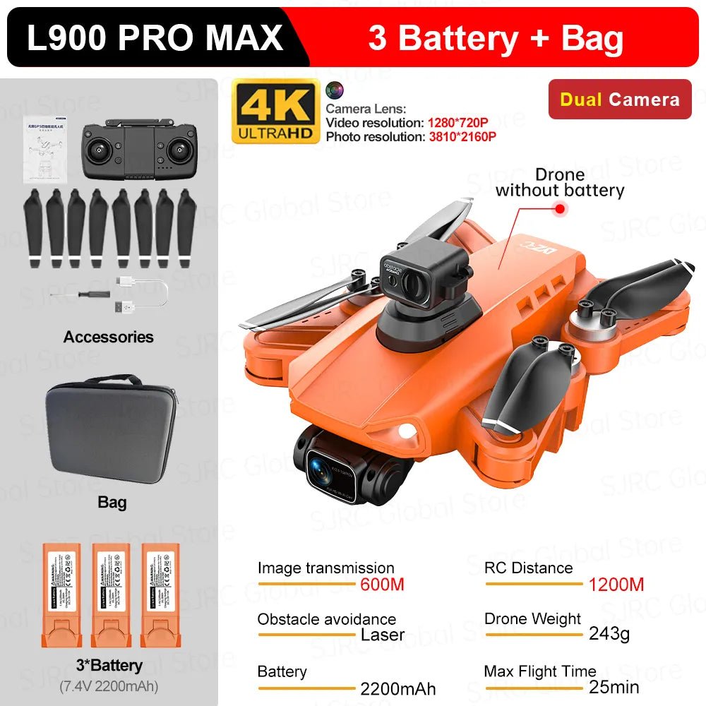 L900 Pro SE Max GPS Drone in orange with camera and battery pack for aerial photography.